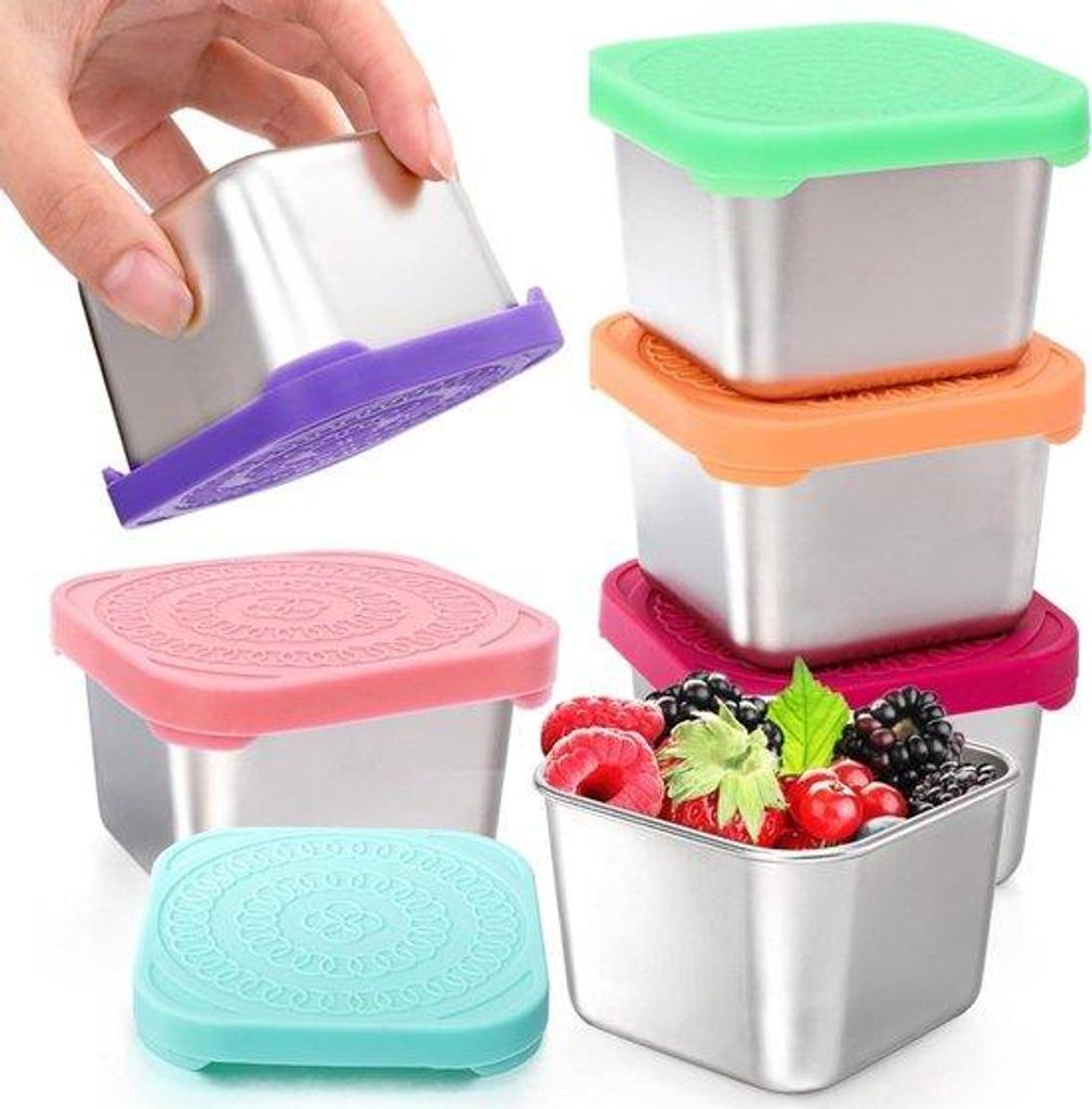 Silikonische Snackboxen 6er - Lekbestendige, roestvrijstalen Behälter mit siliconen Abdeckungen - Praktische, leichte Essensboxen - Dauerhafte, um...