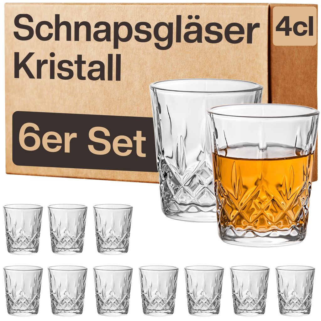 Praknu 6 Schnapsgläser aus Kristall Glas 4cl - Spülmaschinenfest - Standfest dank dickem Boden - Elegantes Vintage Design