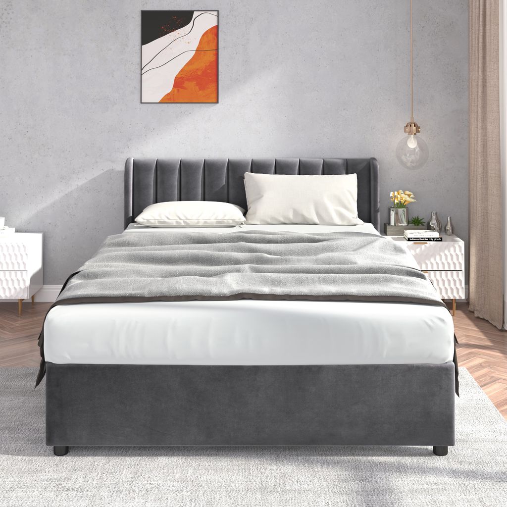okwish Polsterbett 140 x 200 cm ,Jugendbett Doppelbett,Mit Lattenrost Rückenlehne 2 Schubladen, mit Matratze, Grau
