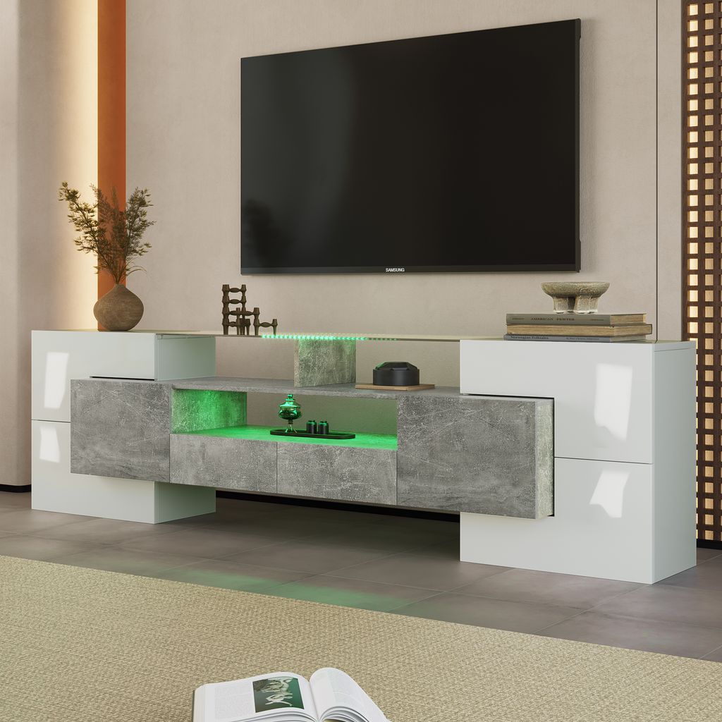 A modern TV stand with LED lighting in a living room setting.