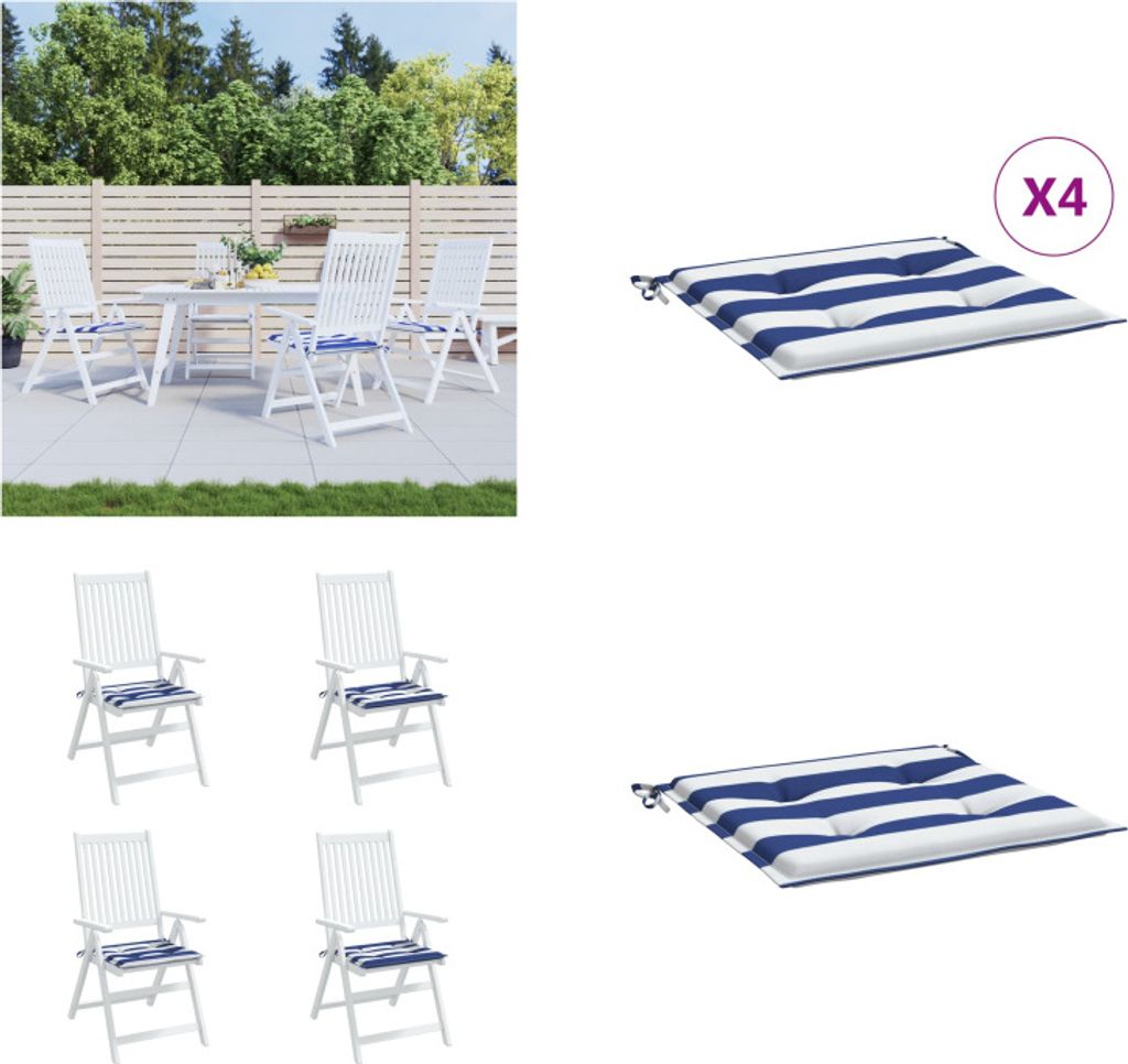 vidaXL Gartenstuhl Kissen 4 Stk. Blau & Weiß Gestreift 40x40x3cm Stoff - Stuhlkissen - Stuhl Kissen - Kissen - Outdoor-Kissen