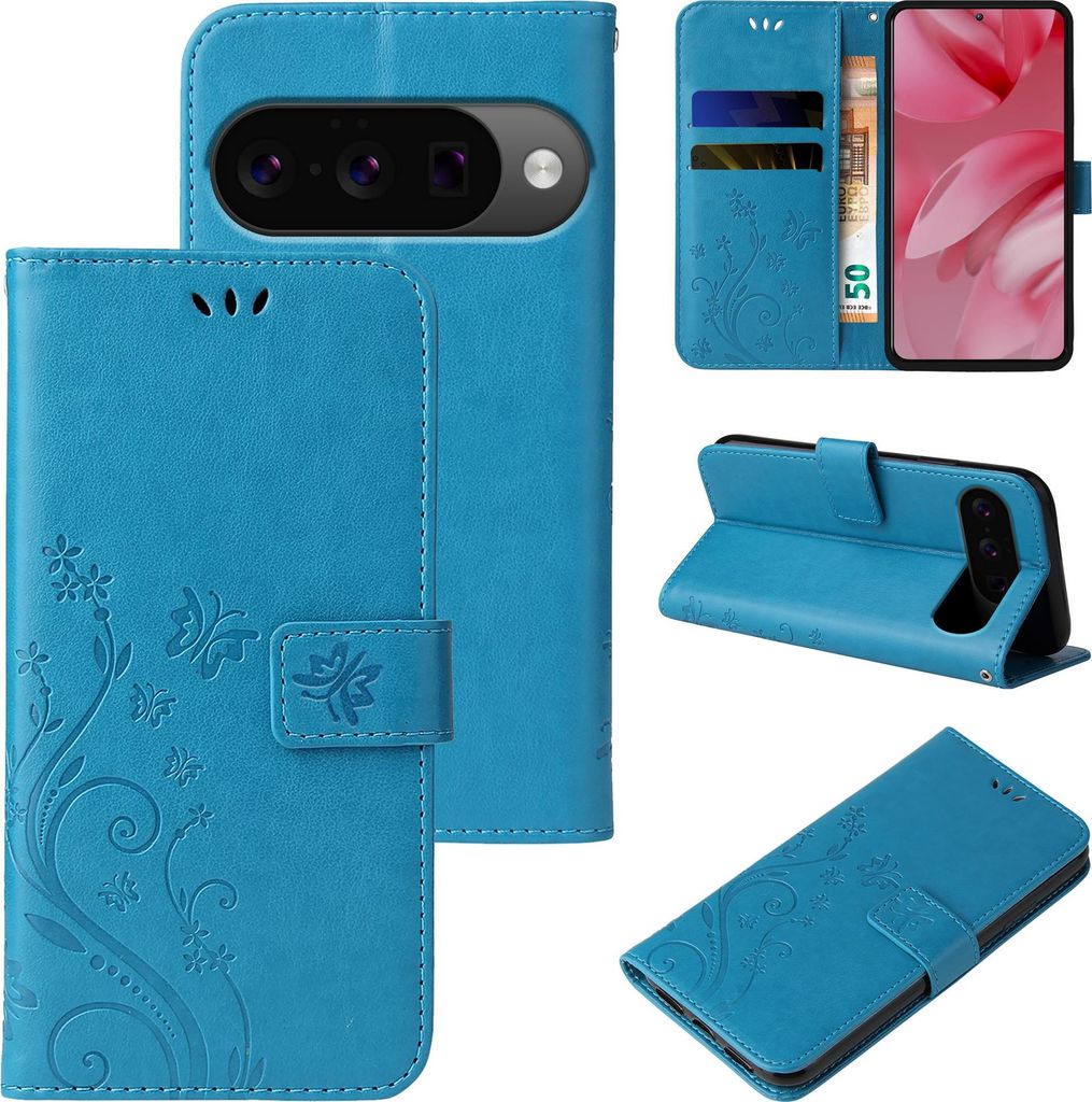 Handyhülle für Google Pixel 10 Floral Blumen Schmetterling Flip Cover Hülle Case Klapphülle Handytasche Farbe: Blau