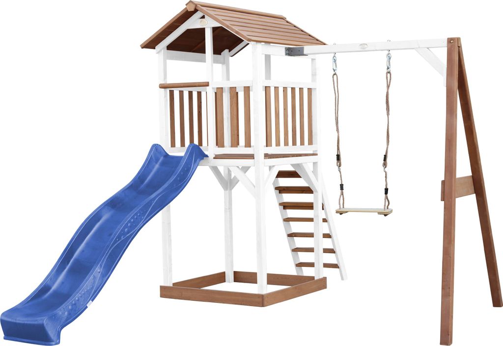 AXI Beach Tower Spielturm aus Holz in Braun & Weiß | Spielhaus für Kinder mit blauer Rutsche, Schaukel und Sandkasten | Stelzenhaus für den Garten