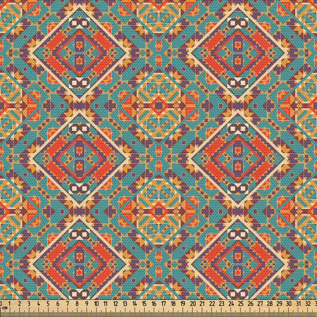 ABAKUHAUS Türkis Gewebe als Meterware, Ethnisch indigene Kunst Zeichnung Tribal Folk Künstlerisch Fliese Tribal, 2 M (148 x 200 cm), Türkis und ...