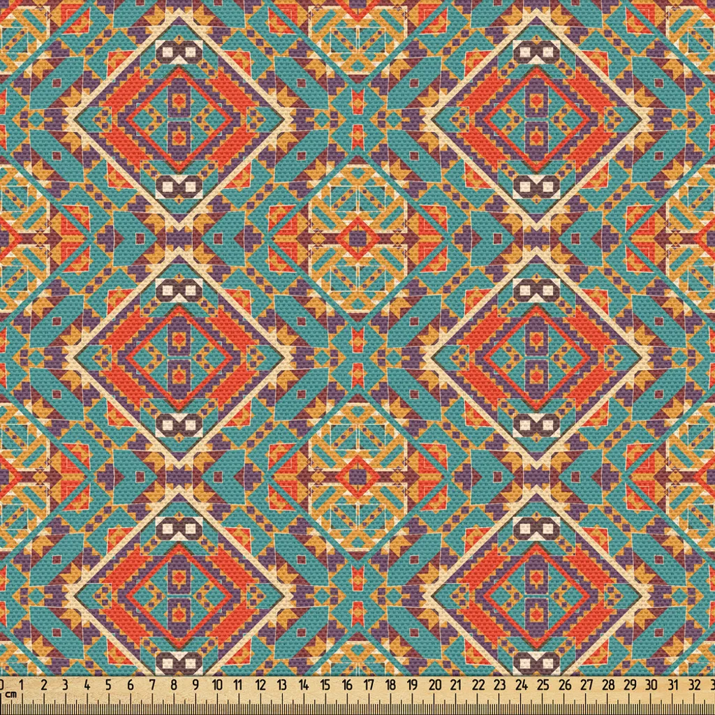 Tissu d'ameublement ethnique turquoise et orange coupon 3 mètres 148cm