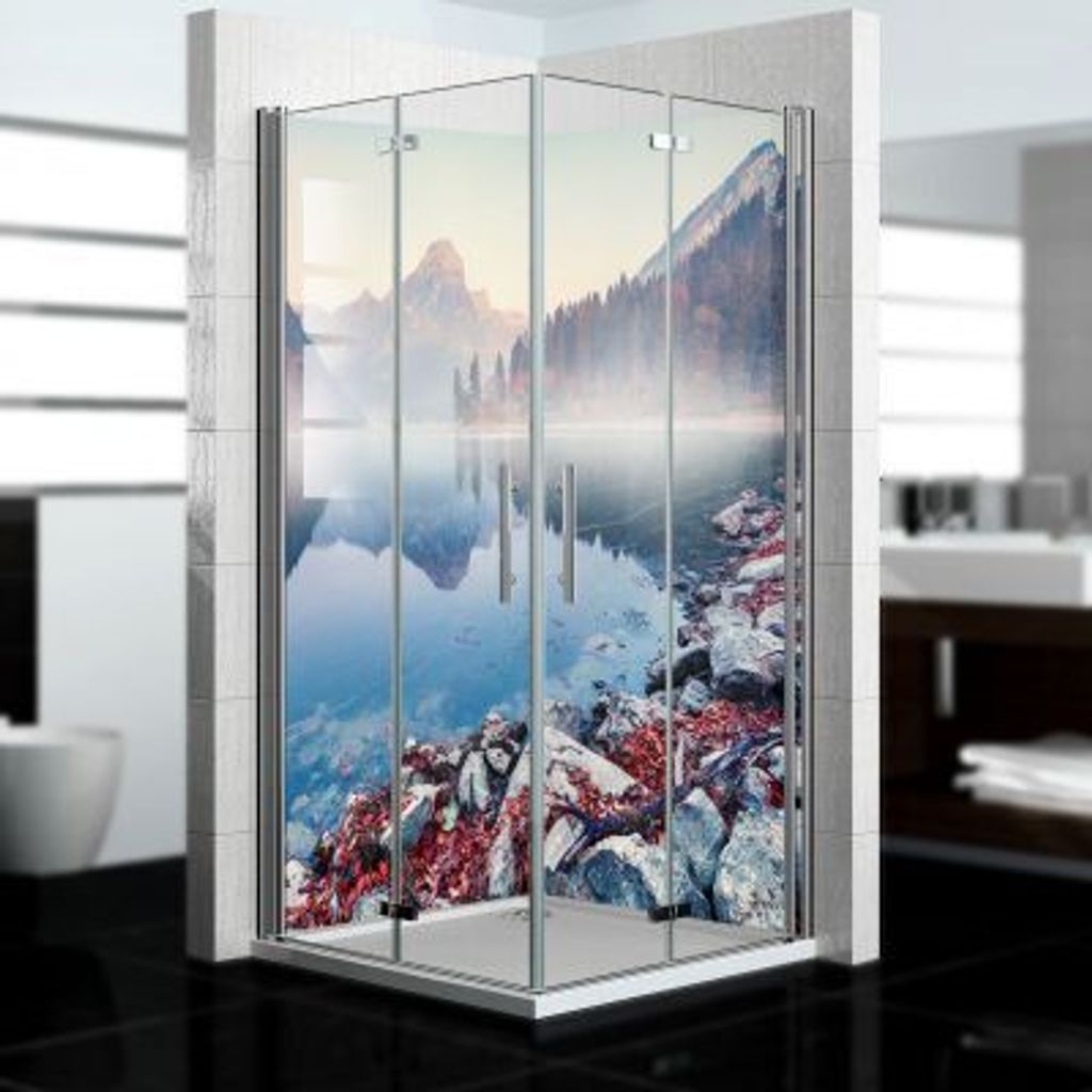 dedeco Eck-Duschrückwände Aluminium wasserfest Motiv: Berg v3, Nano-Protect hochglänzend, 2 x 90x210x0,3cm, Fliesenersatz fugenlos Wandverkleidu...