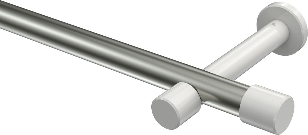 Interdeco Gardinenstange / Vorhangstange Edelstahl-Optik / Weiß, Typ Prestige Santo (Kappe) ohne Ringe, 20 mm Ø 1-läufig, 100 cm