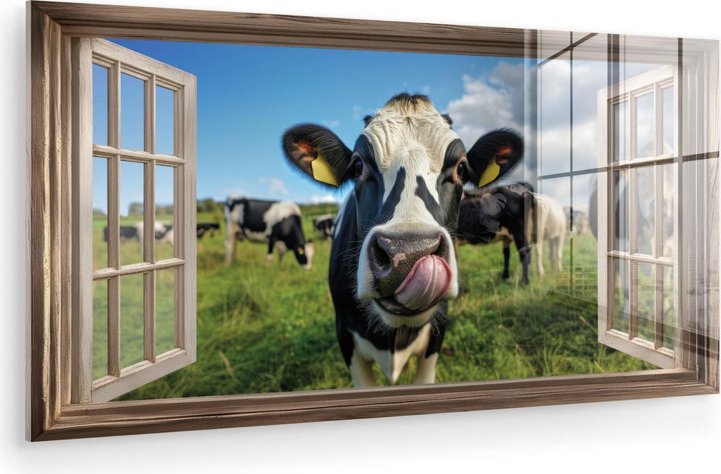 MuchoWow Glasbilder - Bilder auf Wandbild - Foto auf Glas Durchgucken - Kuh - Wiese - Tiere - Natur 120x60 cm Wanddekoration aus Glas - Acrylglasbi...