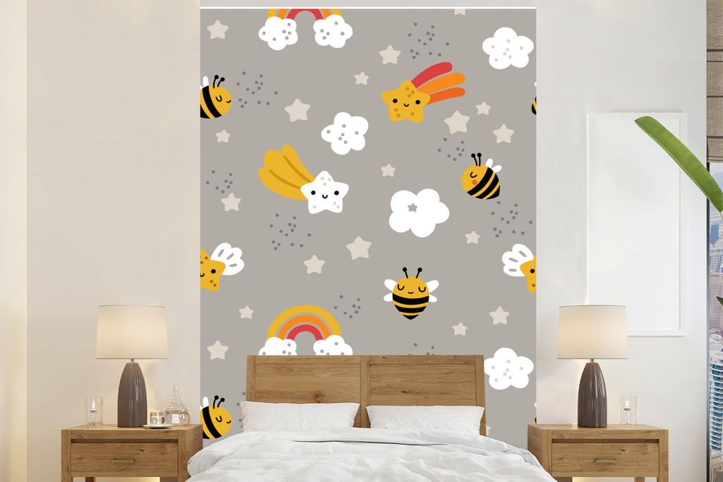 MuchoWow Fototapete für Wohnzimmer oder Schlafzimmer Wandtapete Vinyl Motivtapete Muster - Regenbogen - Biene - 180x280 cm - Wallpaper