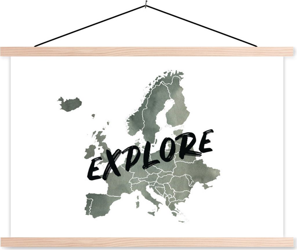 MuchoWow Textilposter Karte - Europa - Zitate 120x80 cm mit holzfarbenen Rahmen - Aufhängeset