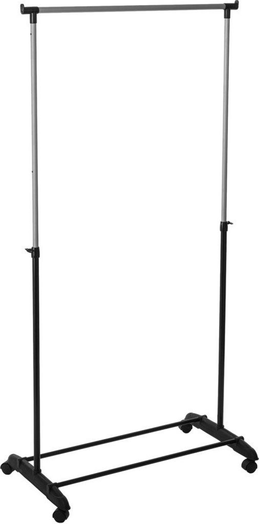 A freestanding, adjustable clothes rack with wheels.