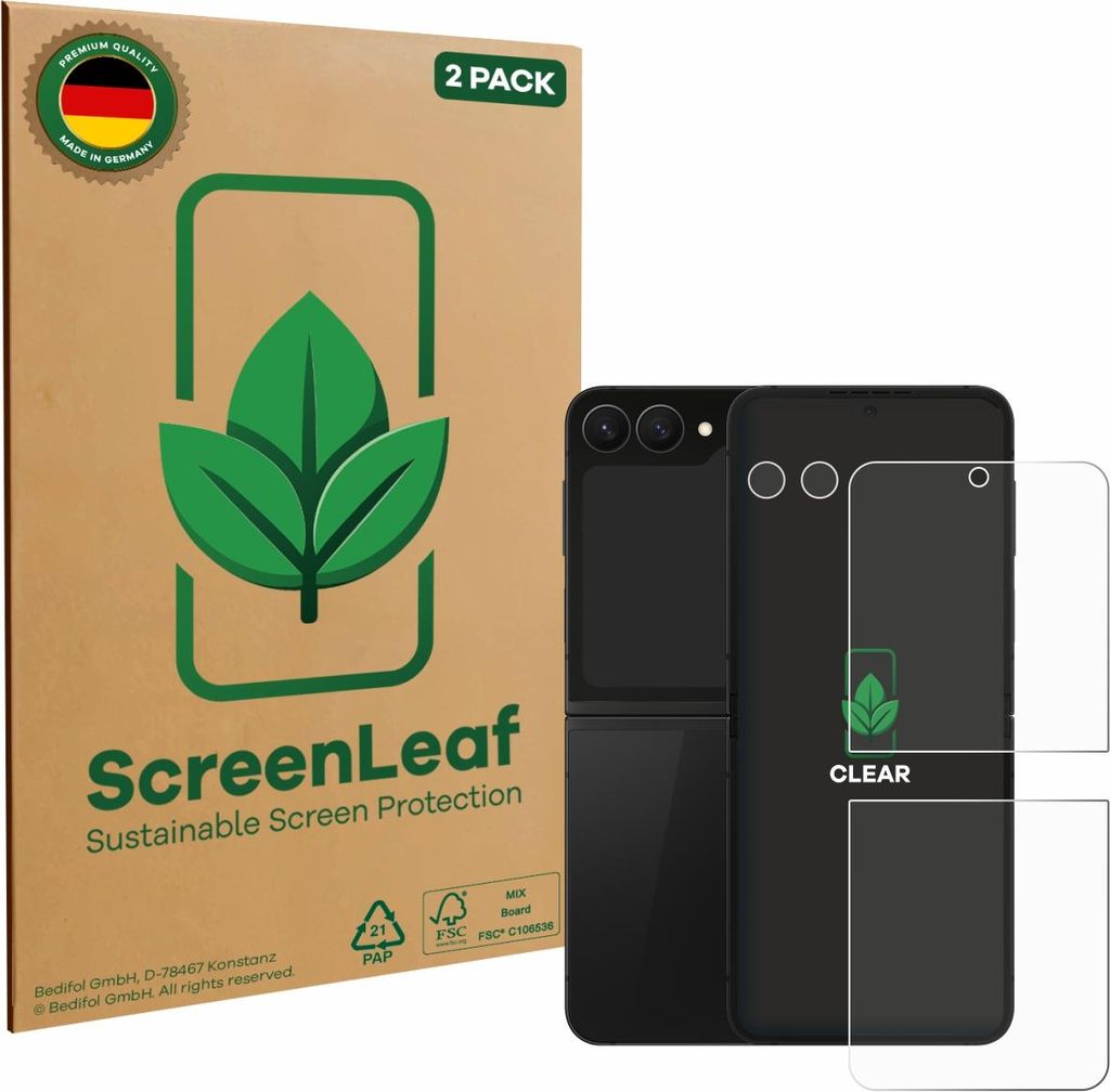 2x ScreenLeaf Schutzfolie für Samsung Galaxy Z Flip 7 FE (Display+Kamera) nachhaltiger Displayschutz Display Schutz Folie Klar Transparent