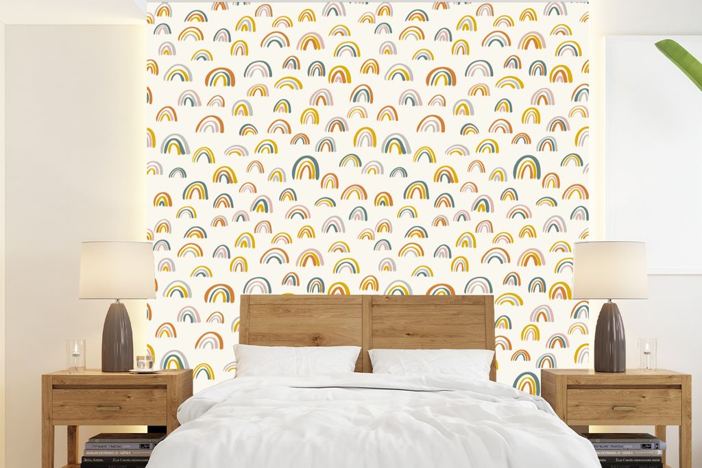 MuchoWow Fototapete für Wohnzimmer oder Schlafzimmer Wandtapete Vinyl Motivtapete Regenbogen - Pastell - Kinder - 220x240 cm - Wohnzimmer-Tapete