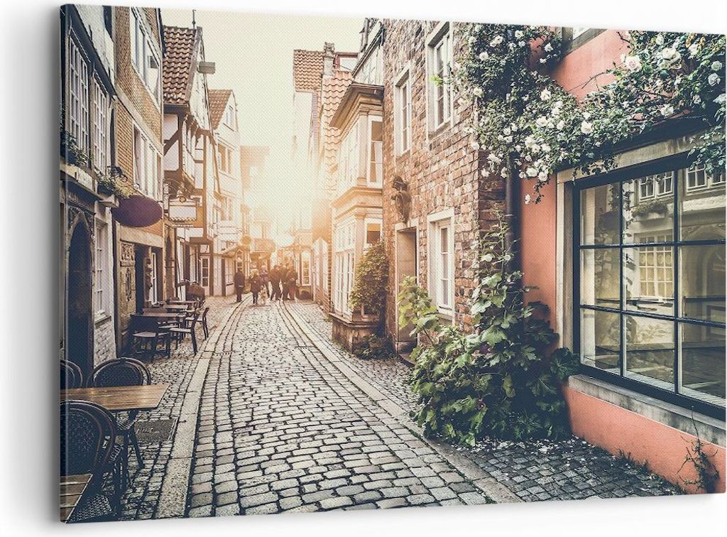 Bild auf Leinwand - Leinwandbild - Straße Haus Leute - 100x70cm - Wand Bild - Wanddeko - Wandbilder - Leinwanddruck - Bilder - Kunstdruck - Wandde...