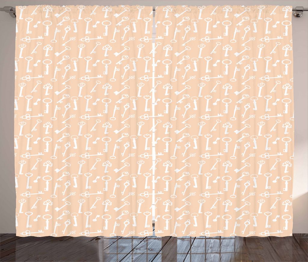 ABAKUHAUS Pfirsich und Weiß Rustikaler Gardine, Antike Schlüssel, Schlafzimmer Kräuselband Vorhang mit Schlaufen und Haken, 280 x 225 cm, Heller...