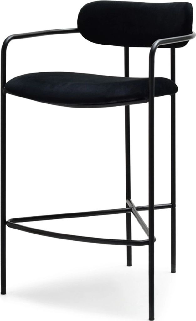 A black bar stool shown from a three-quarter angle against a white background.