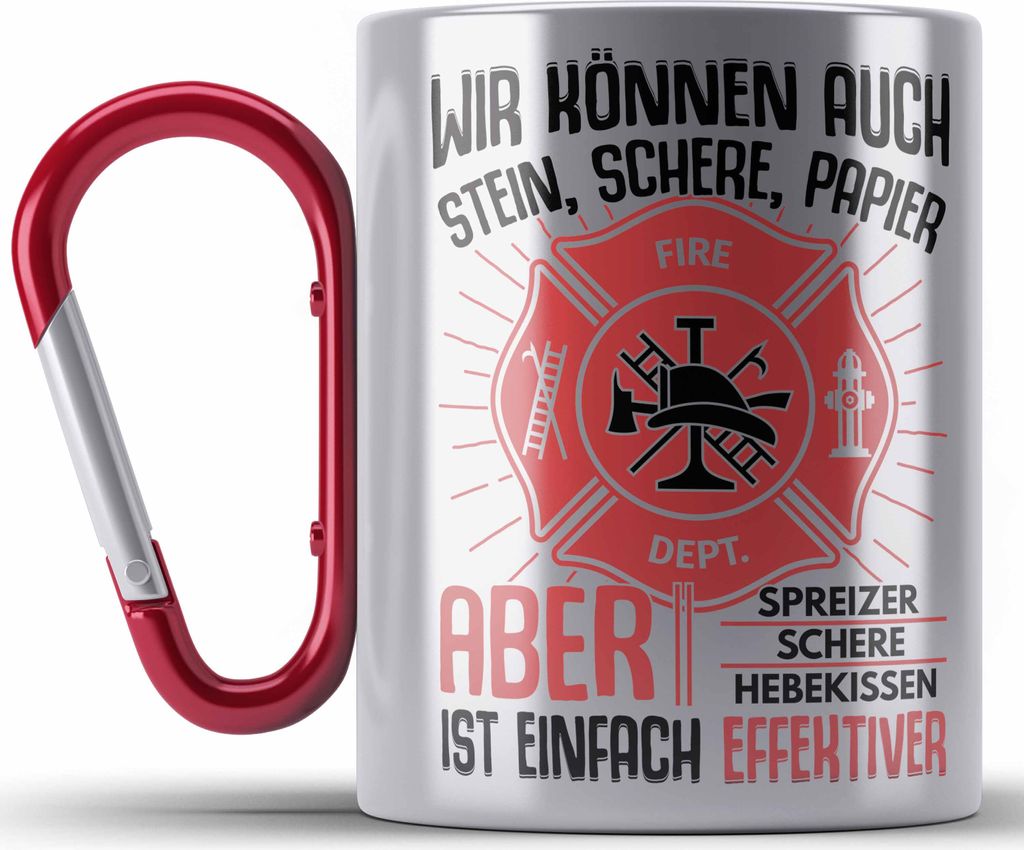 Trendation - Feuerwehr Edelstahl Tasse Karabiner Geschenke Zubehör Lustig Einsatz Geburtstag Spruch Mann Fire (Rot)