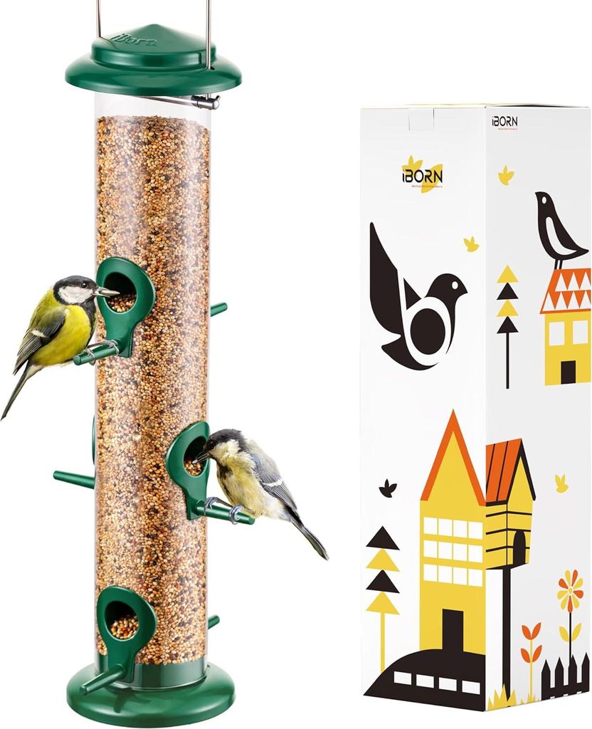 Metallene Vogel-Futterstation mit 6 Öffnungen für hängende Wildvogelfutter mit Mischsaatmischungen.