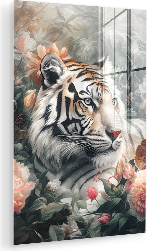 MuchoWow Glasbilder - Bilder auf Wandbild - Foto auf Glas Tiger - Wildtiere - Blumen - Dschungel 60x90 cm Wanddekoration aus Glas - Acrylglasbild -...
