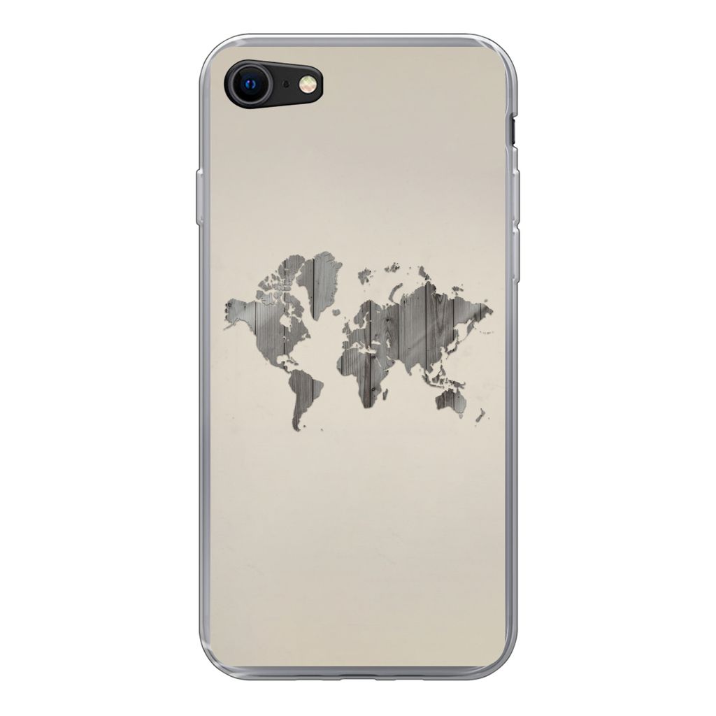 MuchoWow Handyhülle Schutzhülle Hülle für iPhone 8 Weltkarte - Holz - Regal Silikon Softcase Handy Hülle - Schutzhaube