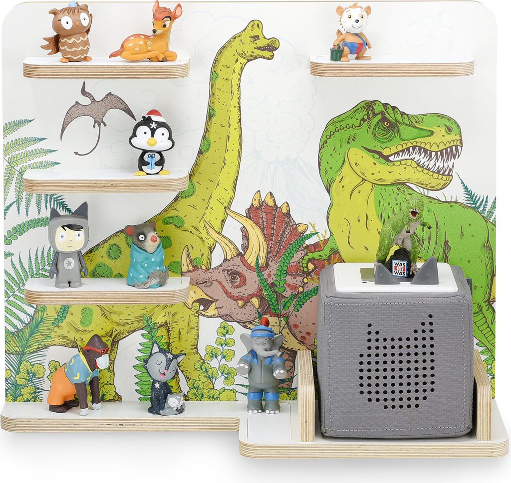stadtecken Holzregal für Toniebox & ca. 35 Tonies | Dinosaurier Design, schmaler Boden | Perfekt fürs Kinderzimmer | Zum Aufstellen oder Aufhä...