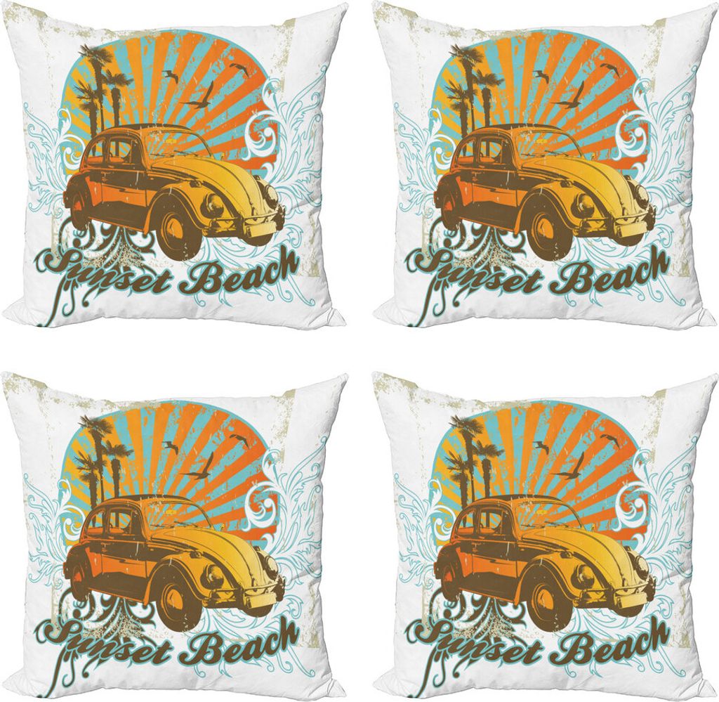 ABAKUHAUS Autos Kissenbezug Set (4 Stück), Summer Season Design Auto, Moderner Doppelseitiger Digitaldruck, 60 cm x 60 cm, Bernstein Aqua Orange