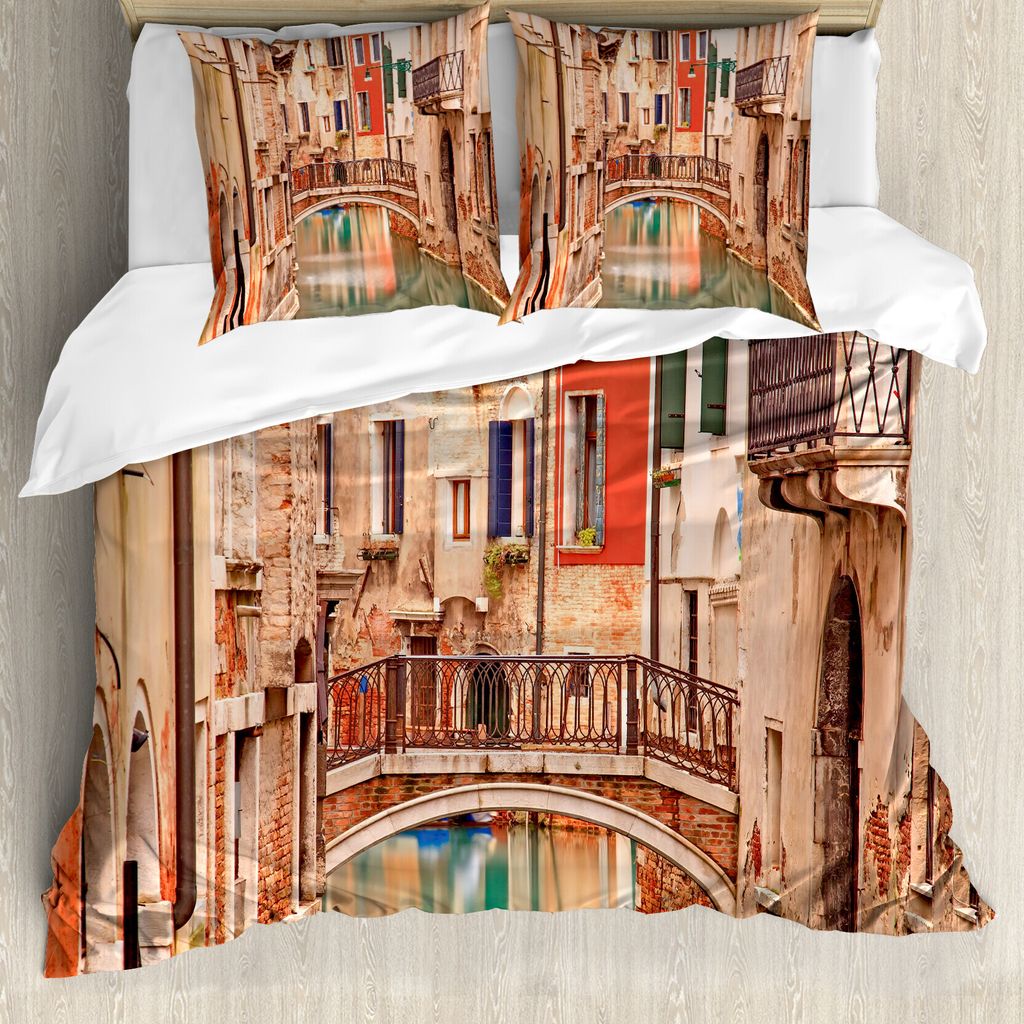 ABAKUHAUS Venedig Bettbezug, Old Town Stone Bridge, Milbensicher Allergiker geeignet mit Kissenbezügen, 155 cm x 220 cm - 80 x 80 cm, Sand Braun B...