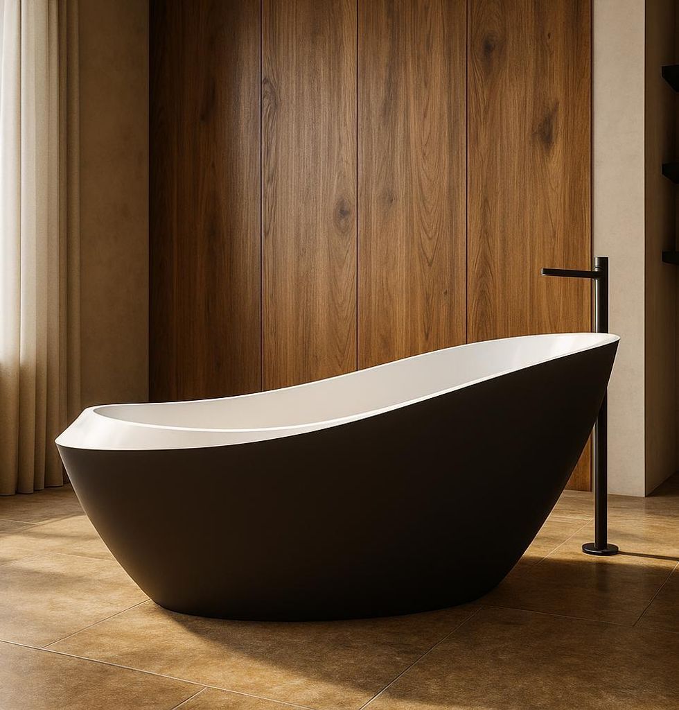 Badplaats Freistehende Badewanne Ancon 180 x 85 x 88 cm Schwarz mat mit Weiß Hochglanz - Standbadewanne aus Acryl mit Mit Überlauf und Abflusssto...