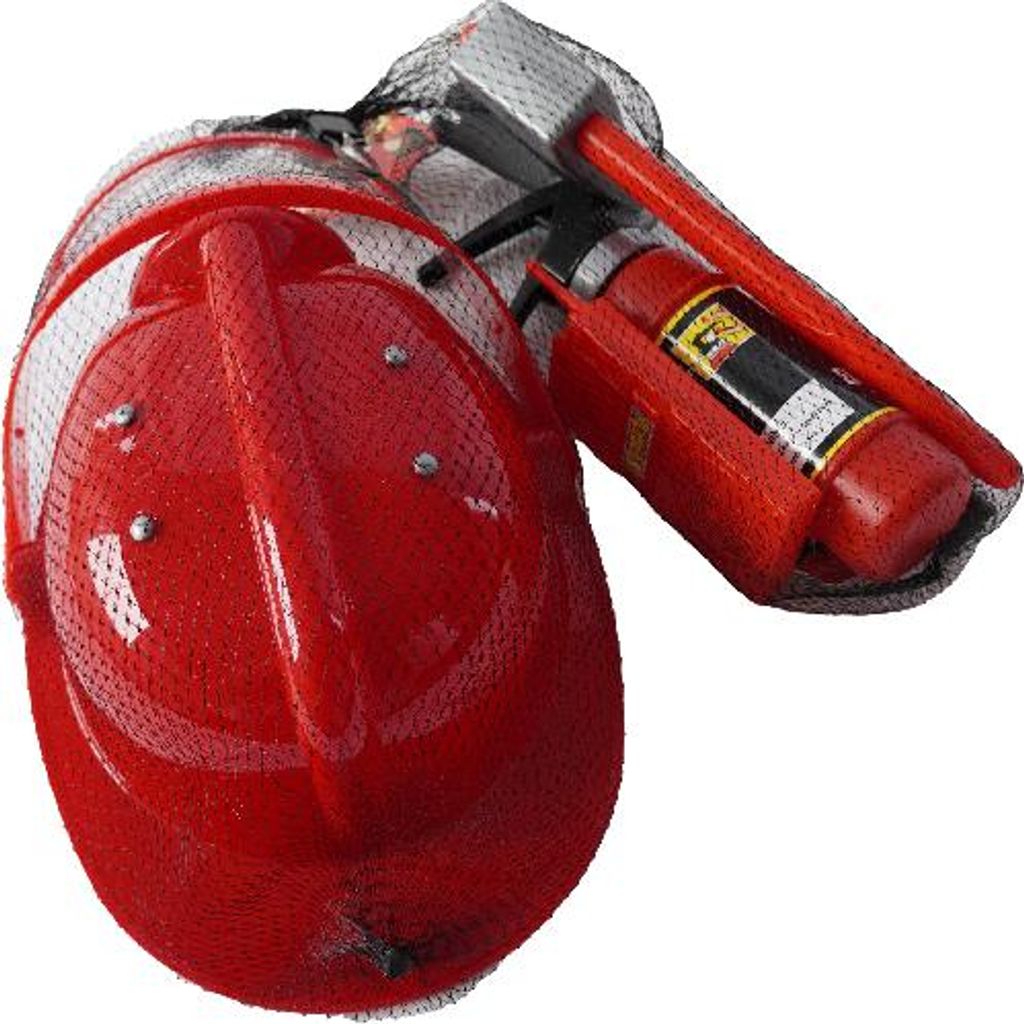 PLEJO Spielzeugset Feuerwehr mit Helm, Axt, Telefon, Feuerlöscher, Abzeichen