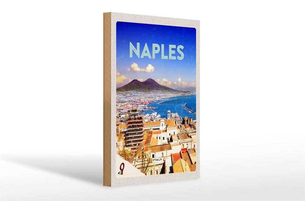 Holzschild Reise 20x30cm Retro Naples Italy Neapel Panorama Meer
