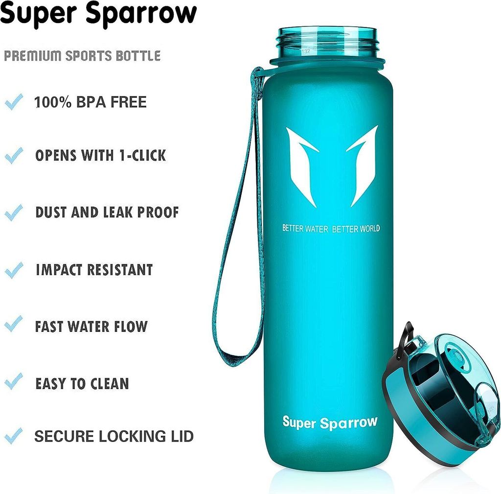 Super Sparrow Trinkflasche - Tritan Wasserflasche - 1000ml - BPA-frei - Ideale Sportflasche - Sport, Wasser, Fahrrad, Fitness, Uni, Outdoor - Leich...