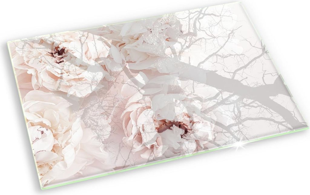 Glasplatte für Grabkerzen Gummifüße Glas Motiv - 80x52 cm - Pastellfarbene Pfingstrosen