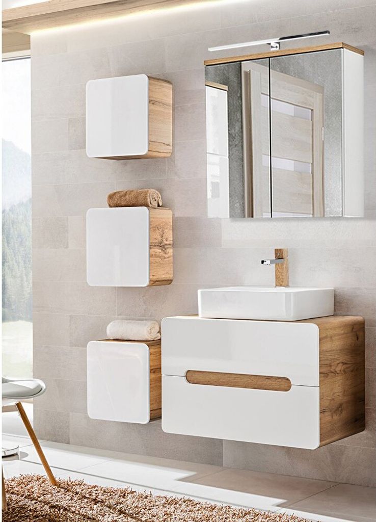 Badmöbel Waschplatz Set Hochglanz weiß, Wotan Eiche Nb. LUTON-56 Keramik-Waschtisch B/H/T ca. 130/200/46 cm