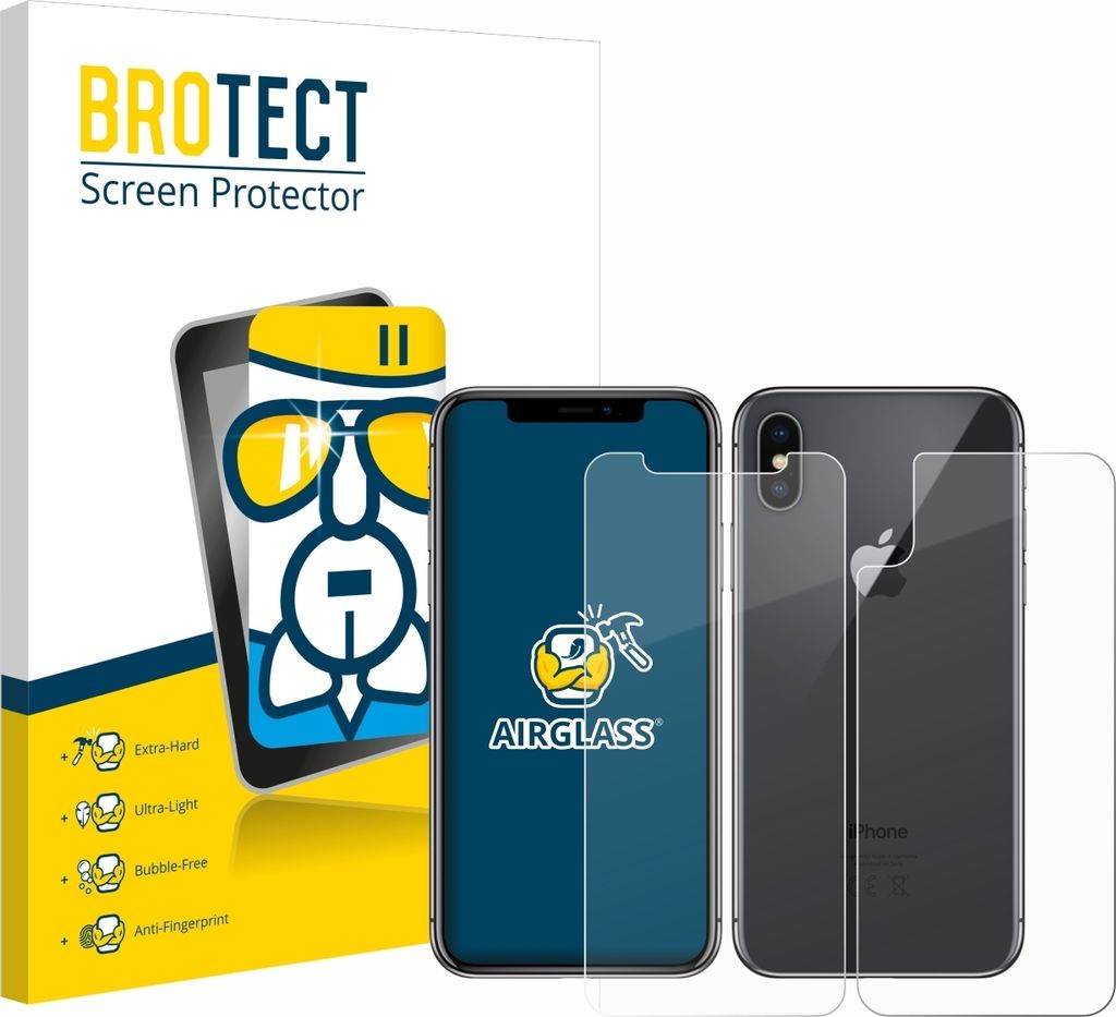 BROTECT Schutzglas für Apple iPhone X / Xs (Vorder + Rückseite) Schutzfolie Panzer Folie Glas Display Schutz klar