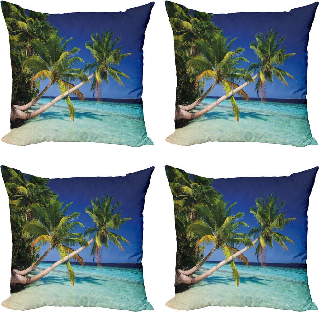 ABAKUHAUS Tropisch Kissenbezug Set (4 Stück), Exotische Malediven Strand, Moderner Doppelseitiger Digitaldruck, 45 cm x 45 cm, Farn-Grün-Türkis