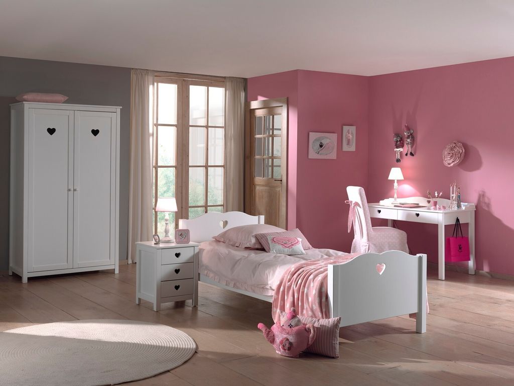 Einzelbett Nachtkonsole Kleiderschrank und Schreibtisch Set Amori MDF Weiß