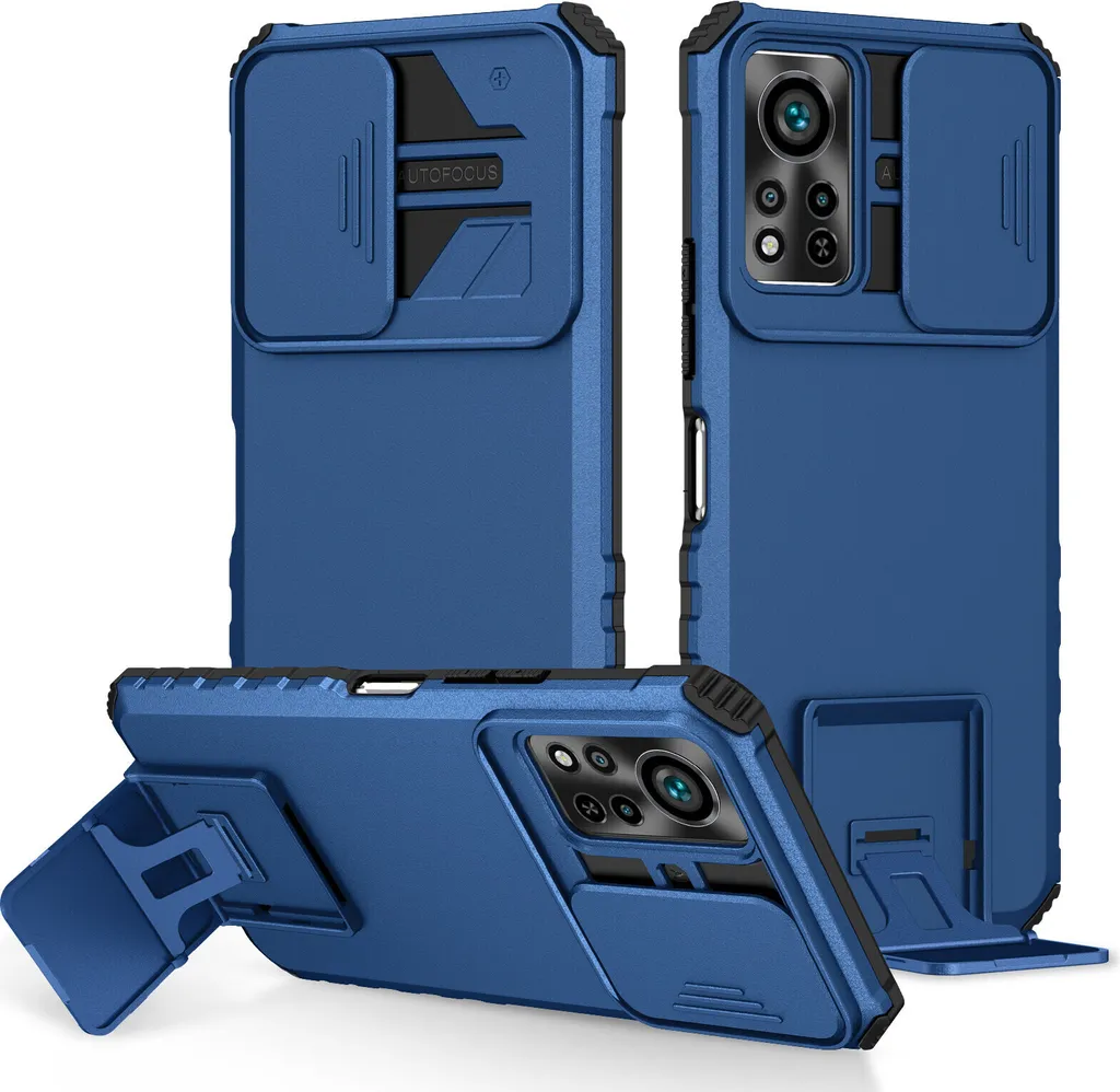 Custodia per Infinix Hot 11s NFC a doppio strato robusta, protezione militare con supporto e protezione fotocamera scorrevole blu