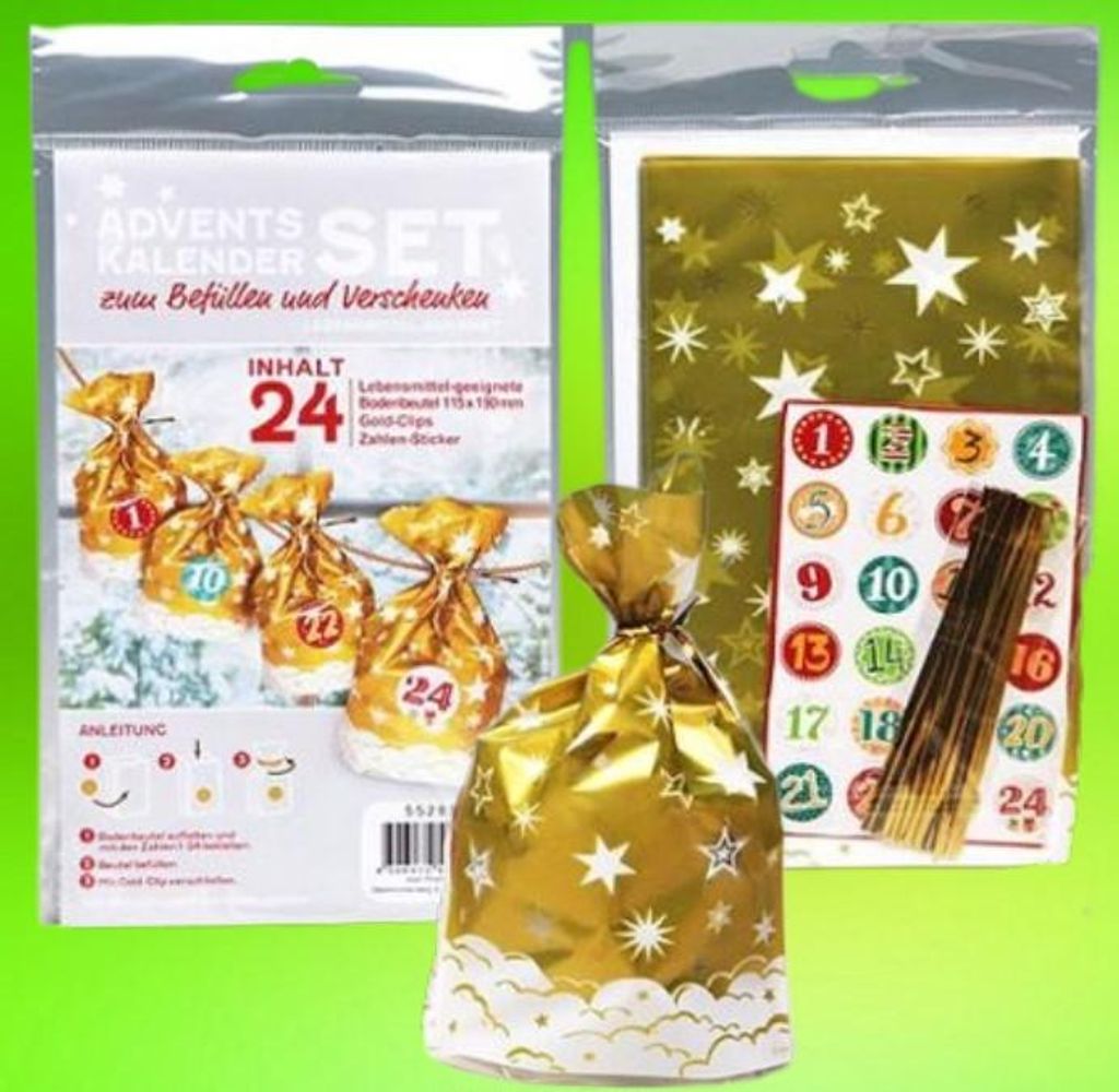 Adventskalender DIY Set zum befüllen | je 24 Tüten Zahlen Aufkleber Clips