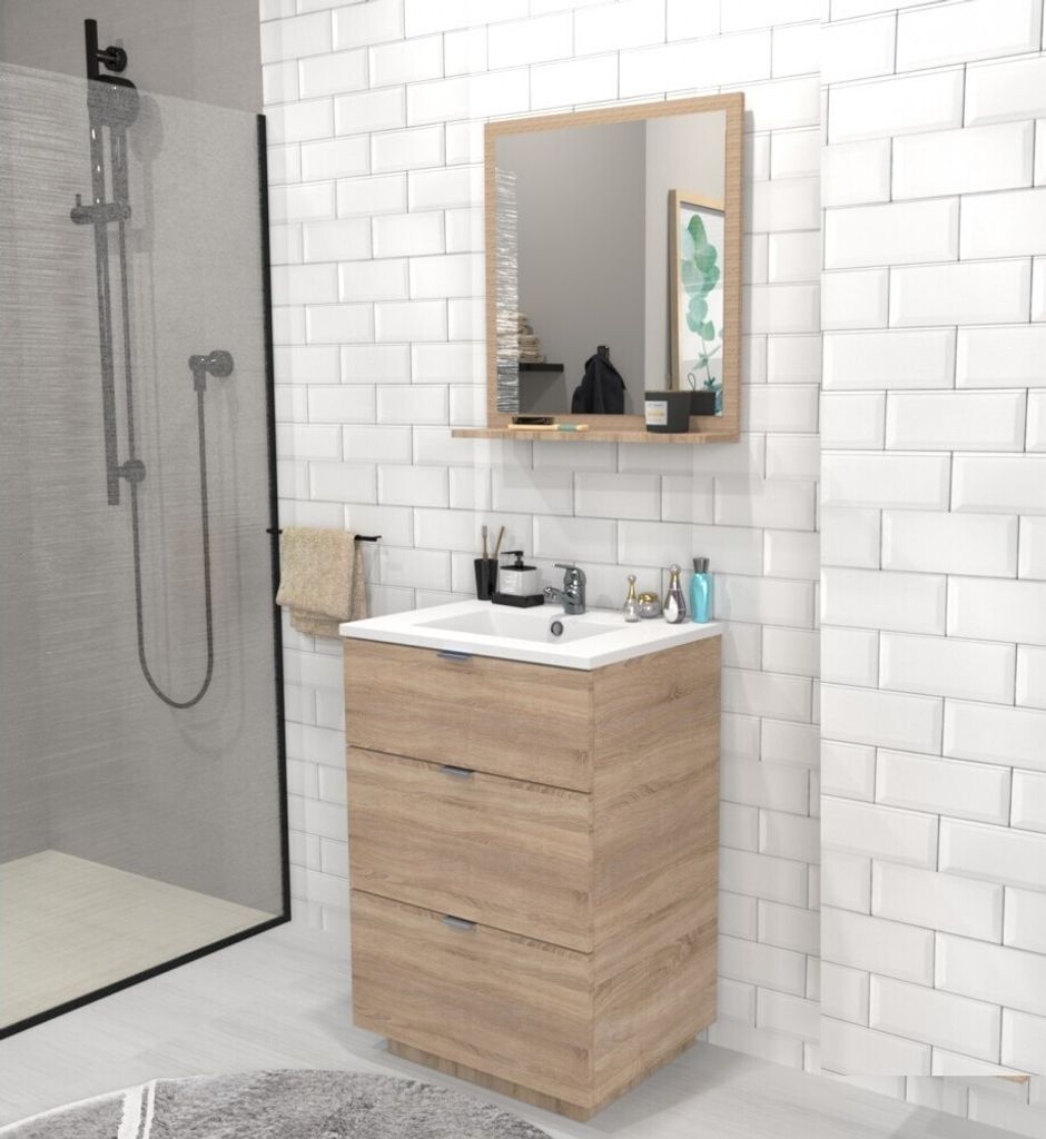 Waschbeckenunterschrank mit 3 Schubladen MARBELLA 60 cm + Waschbecken / Eiche gebleicht
