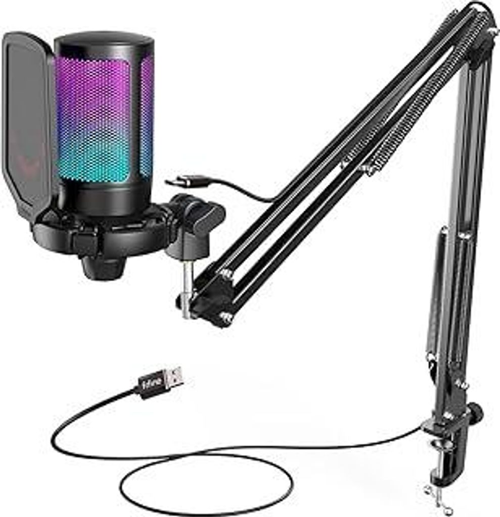FIFINE Gaming Mikrofon PC mit Arm, USB Microphone Kit mit Stummschalttaste für Podcast Streaming Studio, für MAC PS4 PS5