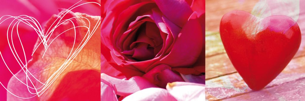 Liebe Kunstdruck Bild - Herzen Und Rosen, Composition In Rot (30 x 91 cm)