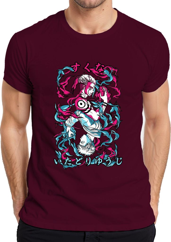 Jujutsu Kaisen Itadori Yuji Sukuna Anime Ästhetik düster Flammen Herren T-Shirt, Burgundy, S