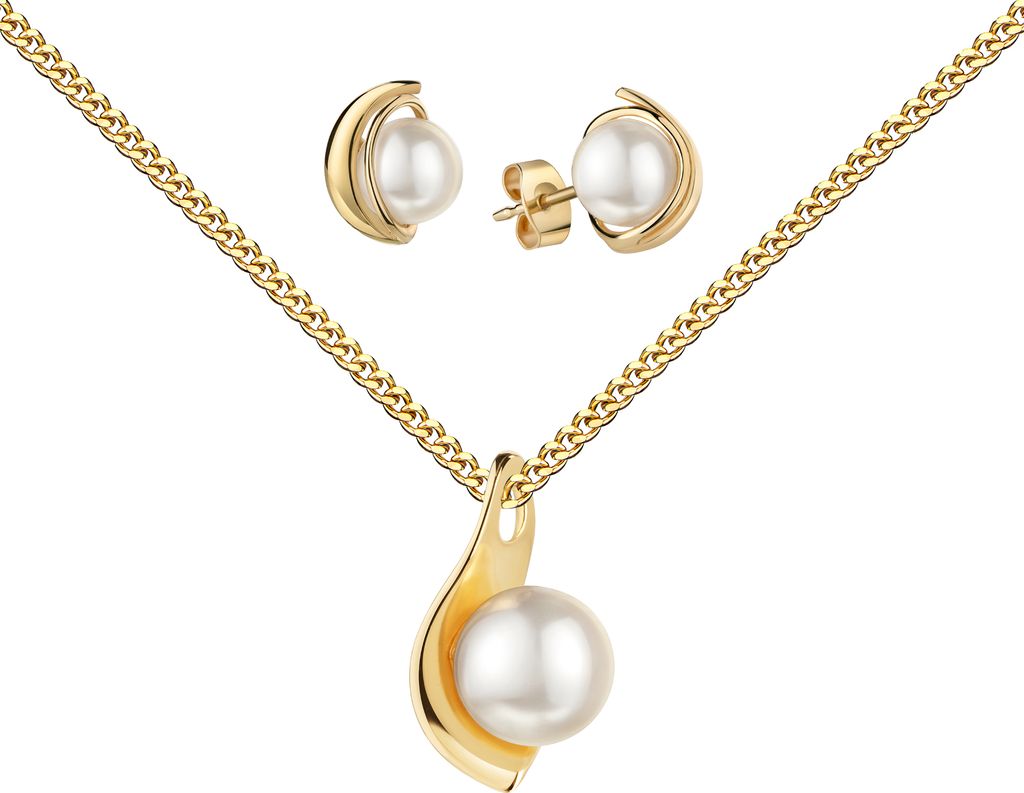 Perlen Schmuckset Goldanhänger und 2x Ohrstecker 585 Gold. Mit Kette 50 cm