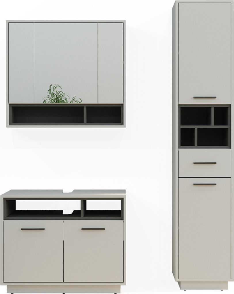 A set of bathroom furniture, including a wall-mounted cabinet with mirrors, a vanity unit, and a tall cabinet, displayed against a white background.