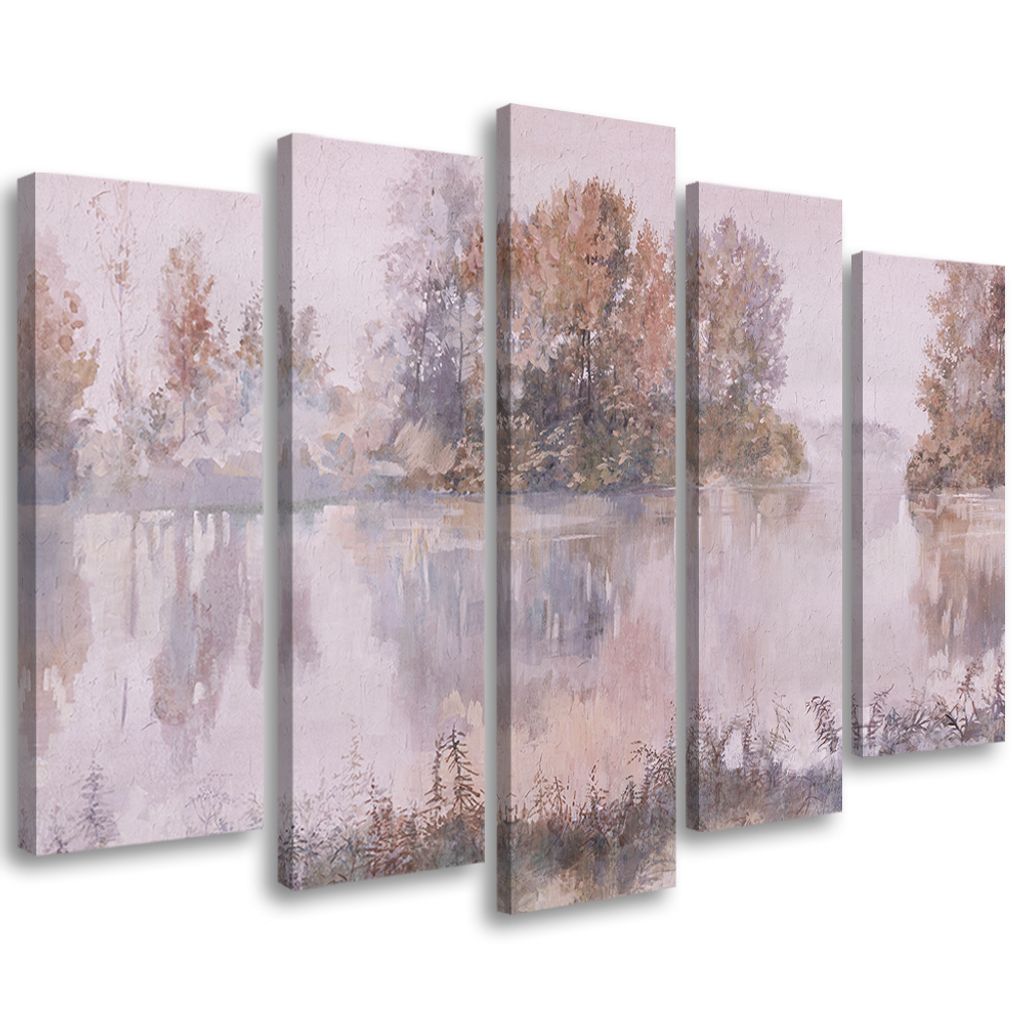 5-teiliges leinwandbild blick auf den see 100x70 cm Feeby beige wandbild bereit zum aufhängen