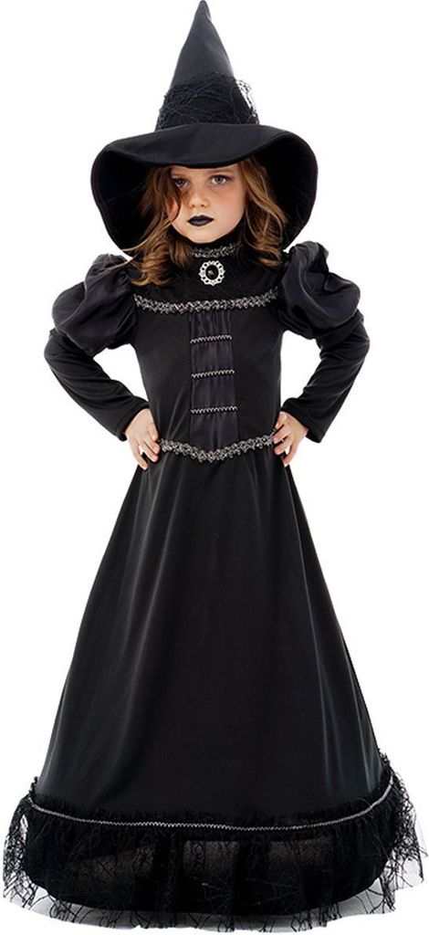 Schwarze Hexe Witch Halloween-Hexe mit Hut für Kinder Gr. 116-152 Kleid schwarz Fasching Karneval Mottoparty Kinderfasching Hexenkleid