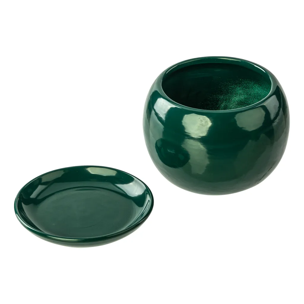 Cache-pot rond en céramique émaillée vert bouteille avec soucoupe - 5