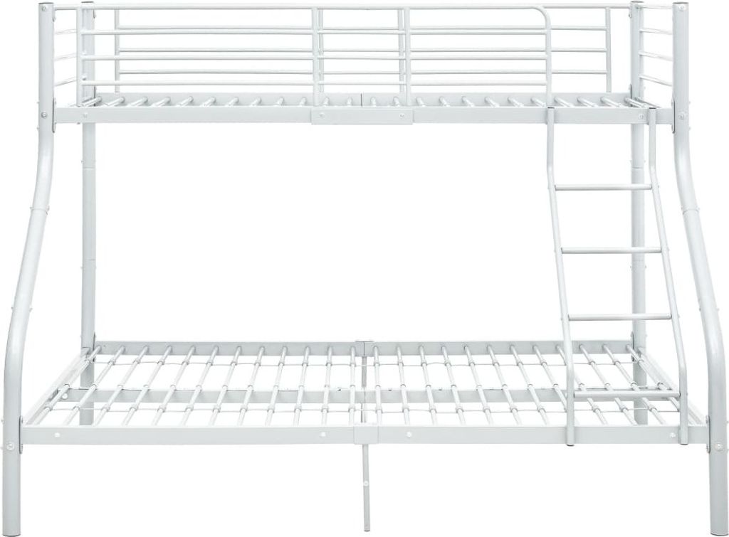 A white metal bunk bed frame against a white background.