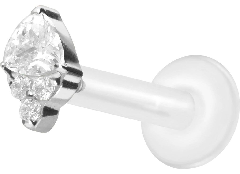 Ohrpiercing, Nasenpiercing PTFE Labret mit Innengewinde + Titan-Aufsatz EINGEFASSTE KRISTALLE Silber Stablänge: 10mm | Stabstärke: 1,6mm