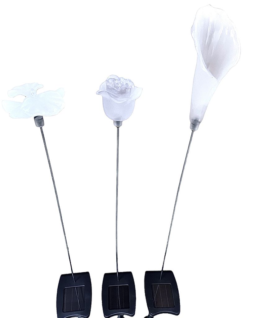 3 Solarleuchten für den Garten Hochglanz weiß mit Farbwechsel in Blumenoptik Callas, Orchidee und Rose
